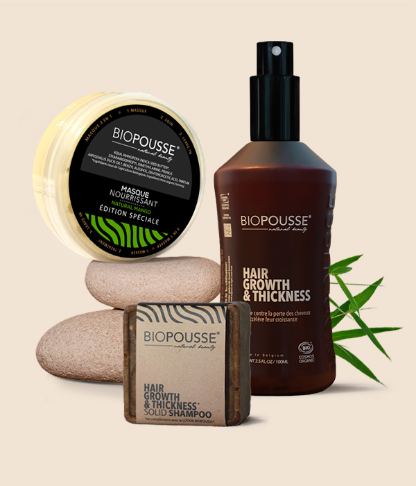 SPRING PACK : 1 Lotion Biopousse 100ml + 1 Shampoing Solide Pousse  + 1 Masque nourrissant 50ml